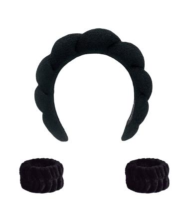 ZZGC Spa Headband for Women  Makeup Headband with 2Pcs Wrist Washband Towel Band Sponge & Terry Towel Cloth Fabric Hair Band for Makeup  Face Washing  Skincare Black