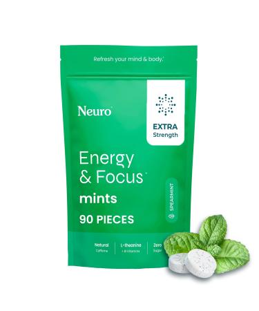 Neuro Energy & Focus Mints Extra Strength - Sugar Free Breath Mints with 100mg Natural Caffeine B Vitamins & L-Theanine - Vegan Brain Supplement for Exercise Study & Daily Focus - Spearmint 90 ct 90 Count (Pack of 1) Sp