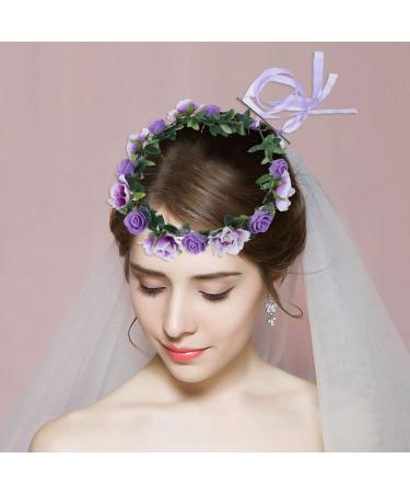 Minkissy Bridal Hair Wreath - Purple Flower Crown with Green Leaf Headband for Women and Girls - Perfect for Wedding and Party - Buy Online on GoSupps.com