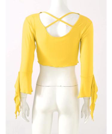 YiZYiF Women's Yellow Ballroom Dance Top with Tulle Flared Sleeves - Lace-Up Belly Latin Practice Costume - Buy Online on GoSupps.com