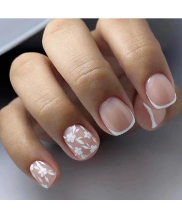 White French Tip Press on Nails Short NEWSPIED Petite Flower Fake Nails with Designs Full Cover Acrylic Nails White Floral False Nails Glossy Cute Glue on Nails for Women Girls Manicure 24Pcs Petite Flower Nails-12