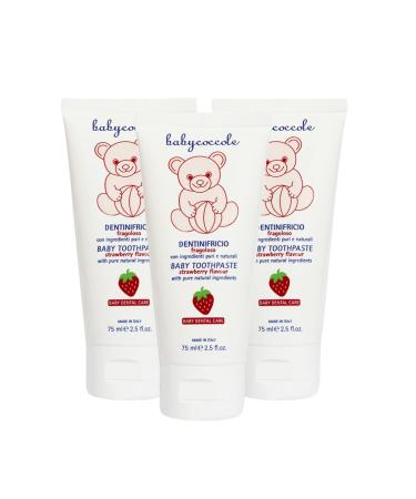 BABY COCCOLE Babycoccole FRAGOLOSO Toothpaste Kit 3 Pieces for Children 0-6 years with natural strawberry flavour. Strengthens teeth prevents cavities. Good contribution of fluorine calcium and vitamins - 3x75ml
