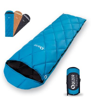 QEZER Down Sleeping Bag for Adults Teens 40-60 600 Fill Power Duck Down Ultralight Sleeping Bag Backpacking Sleeping Bag with Compression Sack Blue & Black (Right Zip)