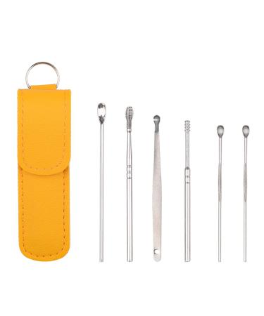 NAUZE 6Pcs Ear Wax Removal Kit Stainless Steel Earwax Cleaner Tool Reusable Metal Ear Cleaner with Portable Bag for Children and Adults(Yellow)