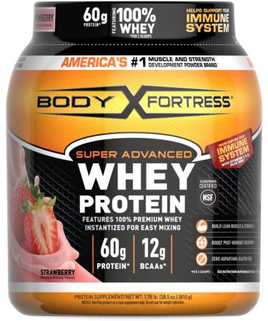 Body Fortress Super Advanced Whey Protein Powder  Strawberry  Immune Support (1)  Vitamins C & D Plus Zinc  1.78 lbs Strawberry Strawberry 1.78 Pound (Pack of 1)