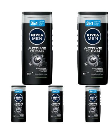 Nivea Men Active Clean shower gel (250 ml) pH -skin -friendly care shower with masculine fragrance men shower gel with activated carbon for body face and hair (pack with 5) 250 ml (5 Pack) Active clean - new version