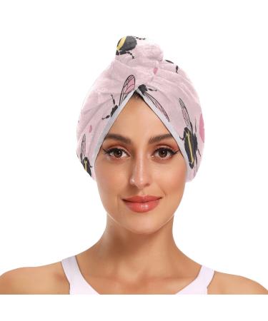 Cute Bee Pink Hair Towel 2 Pack Super Absorbent Hair Drying Towel Quick Dry Hair Turbans Head Towel with Button Twisty Wrap for Women Girls