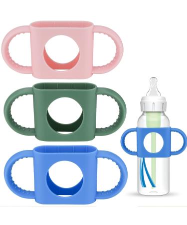 Bottle Handles for DR Brown Bottles 3 Pack Baby Bottle Holder for DR Brown 8oz Narrow Bottles and Wide-Neck Bottles Natural Food Grade Silicone BPA Free Dishwasher Safe Baby Grasp Teaching Blue Pink Green