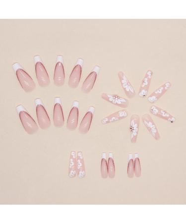 French Long Coffin False Nails - 24Pcs Pink with Flower Glitter | Press On Nails for Women | Glue-On Ballerina Nail Tips - Buy Online on GoSupps.com
