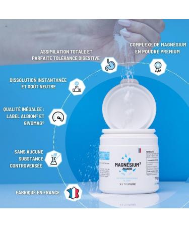 Nutripure | Magnesium Powder | 3 types of Magnesium: Magnesium Bisglycinate Magnesium Citrate Magnesium Glycerophosphate | Stress & Fatigue | Strongly Bioavailable | 30 Days | Made in France - Buy Online on GoSupps.com