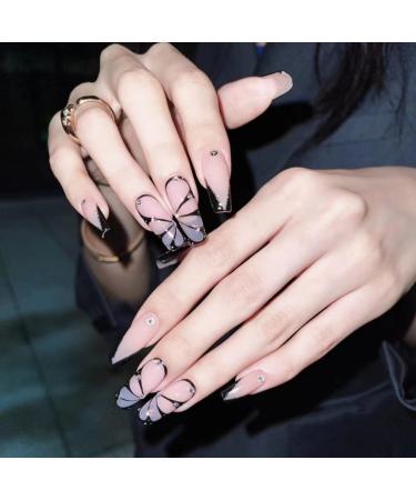 Justotry 24 pieces of butterfly coffin nails for sticking with Jewels black French artificial nails ballerina artificial nail press on nails coffin fingernails finger nails medium for women black & Butterfly 1 - Buy Online on GoSupps.com