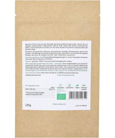  Terra Elements Terra Elements Organic Spirulina Powder 125g | Microalgae | Rich in natural iron | 100% kidney food | Vegan | Raw food**G - Buy Online on GoSupps.com