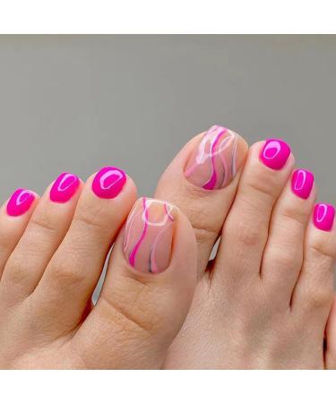 QINGGE Press on Toenails Nude Pink Square Fake Toenails with Swirls Design Fake Nails Actylic Toe Nails for Women Glossy Toe Nail Tips Glue on ToeNails 24 pcs A1 Hot Nude Pink