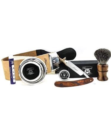 Shaving Kit - 6pc Straight Razor Kit - Wooden - Cut Throat Razor - Badger Shaving Brush - Shaving Bowl - Leather - Straight Razor Strop - Honing Compound - Alum Stick