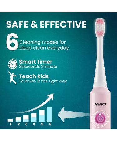 AGARO Rex Dlx Sonic Electric Toothbrush for Kids - 6 Modes 2 Brush Heads Soft Bristles Pink | AA Battery Power - Buy Online on GoSupps.com