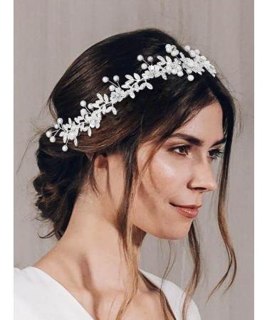 IYOU Crystal Bridal Hair Vines Leaf Silver Wedding Headband Pearl Flower Bride Bridesmaid Hair Accessories for Women