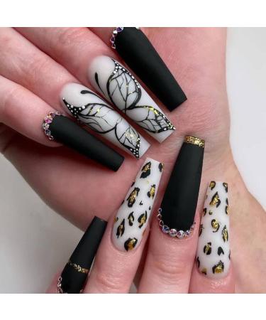 Bufenia coffin butterfly fake nails leopard french ballerina false nails matte press on nails long full cover acrylic nail nails on nails for women and girls