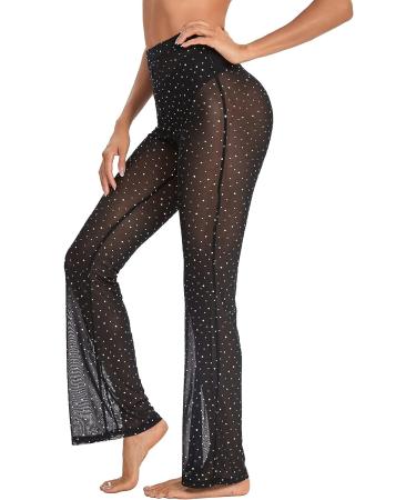 Verdusa Women's Rhinestone Mesh Rave Pants - High Waist Flared Bell Dance Bottom in Black - Size Large - Buy Online on GoSupps.com
