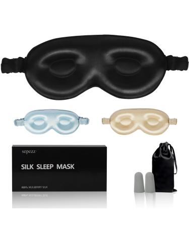 sepezz Silk Sleep Mask 100% Mulberry 3D Sleeping Mask with Adjustable Silk Eye Sleeping Mask for Sleeping Women and Men Sleep Eye Mask for Travel Home and Office (Black) 3d Black