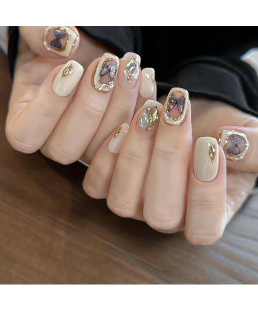 Handmade Fake Nail Patches with Butterfly Design and Pearl Enhancement for Short Round Nails(XS)
