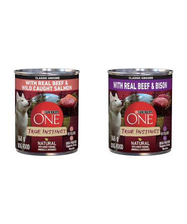Purina ONE Classic Ground True Instinct Wet Dog Food Beef & Salmon - 368 g Can (12 Pack) & Classic Ground True Instinct Wet Dog Food Beef & Bison - 368 g Can (12 Pack)