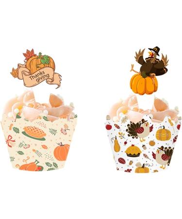 48 Pieces Thanksgiving Cupcake Toppers Cupcake Wrappers Kit Pumpkin Fall Cake Toppers for Harvest Day Autumn Cake Decoration(4 Style) - Buy Online on GoSupps.com