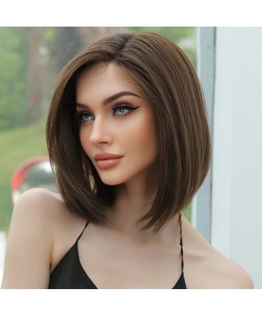 HAIRCUBE Brown Lace Bob Wigs for Women Shoulder Length Natural Synthetic Wig with Fringe for Daily Use Brown S