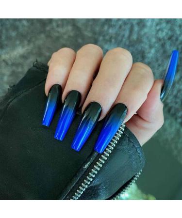 Yheakne Extra Long Coffin Ombre Press-On Nails | Shiny Ballerina Clip-On | Luxurious Blue & Black Gradient | 24-Piece Complete Set (Style B) - Buy Online on GoSupps.com