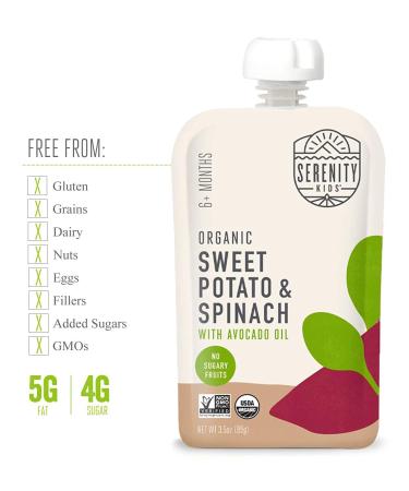 Serenity Kids 6+ Months USDA Organic Veggie Puree Baby Food Pouches | No Sugary Fruits or Added Sugar | Allergen Free | 3.5 Ounce BPA-Free Pouch | Sweet Potato & Spinach | 6 Count Sweet Potato & Spinach 3.5 Ounce (Pack o - Buy Online on GoSupps.com