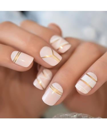 Nude Gold Line Medium Square Glossy False Nails - 24pcs | International Shipping Available - Buy Online on GoSupps.com