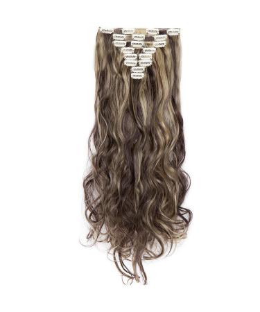 SEGO Clip in Extensions Hair Extension Hairpiece 8 Wefts like Real Hair Wavy Dark Brown & Ash Blonde 24"(61cm)