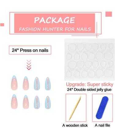 Almond Short Press-on Nails | 24Pcs Blue French Glitter Tips | Elegant Artificial Oval Shape | Glossy Stick-on False Nails for Women - Buy Online on GoSupps.com