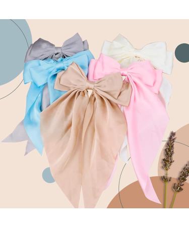 Satin Layered Hair Bow Barrette Clip with Long Tail | French Style Hair Accessory for Women and Girls - 5 Light Colors - Buy Online on GoSupps.com