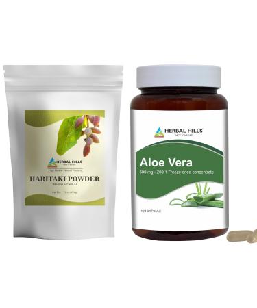 HERBAL HILLS Haritaki Fruit Powder and Aloe Vera Capsules Freeze Dried Pack of 2 Combo