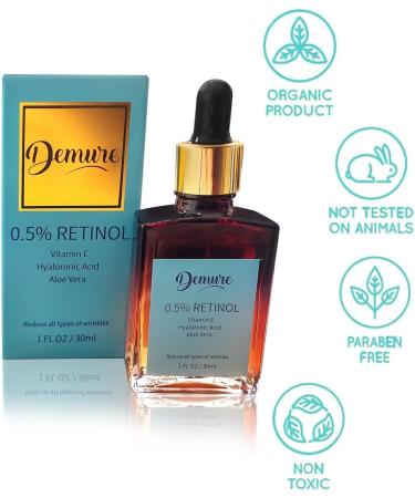 Demure Retinol Serum 0.5% with Hyaluronic Acid Vitamin E Vitamin C and Aloe Vera Anti-Wrinkle Anti-Aging for Face and D collet Balanced Formula 30 ml - Buy Online on GoSupps.com