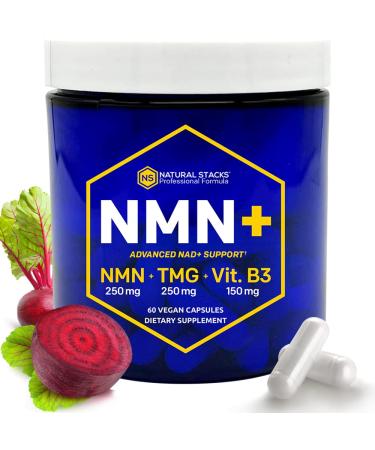 Natural Stacks NMN+ 500mg w 250mg TMG & Niacinamide (60 Servings) - NAD Supplement for Youthful Vitality, Cellular Health & Vascular Health