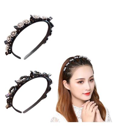 ShiQiao Spl Beling Crystal Pearl Headband for Women Hairband with Clips Baroque Bejeweled Headbands for Women Double Bangs Hairstyle Hairpin Headband 2Pcs Diamond