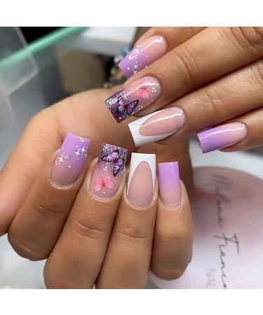 Medium Press on Nails Square Fake Nails with Nail Glue Purple Gradient False Nails with Butterfly Designs Glitter Nails Acrylic Artificial Stick on Nails Full Cover Glossy Nails for Women style3