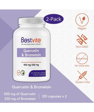 Quercetin with Bromelain 500mg/250mg (240 Vegetarian Capsules) x2 - Vegan, Non-GMO, Gluten Free - No Stearates or Silicon Dioxide - 240 Count - Buy Online on GoSupps.com
