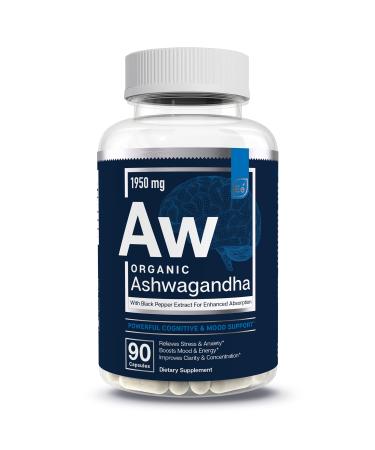 Organic Ashwagandha Root 1950mg with Organic Black Pepper Extract for Absorption | Essential Elements - 90 Vegan Capsules