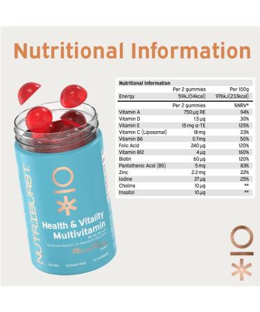 Nutriburst Multivitamins Gummy- Liposomal C B5 B6 B12 D, 60 Gummies - Plant Based, Sugar Free Supplement - 1 Month Supply for Health & Vitality - Vegetarian & Vegan Friendly - Buy Online on GoSupps.com