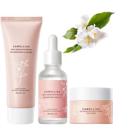Skincare Gifts for Teenage Girls - Camellia Skin Care Sets & Kits - 3PCS Pamper Sets for Women Gifts with Cleanser-Serum-Cream - Moisture Hydrate Reduce Dryness - Smooth Tender Restore Face Elasticity 3PCS CAMELLIAS