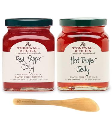 Stonewall Kitchen, Red Pepper Jelly and Hot Pepper Jelly, 11.75 Ounce (Pack of 2) - with Make Your Day Spreader