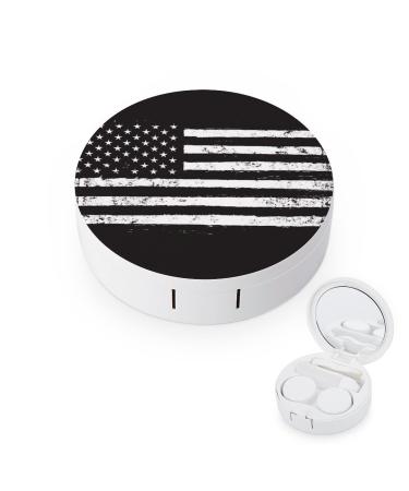 Black And White USA Flag Round Case For Contact Lens Kit Storage Box with Mirror Printed