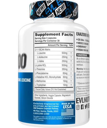 Evlution Nutrition EAA2000 - Essential Amino Acids & BCAAs for Muscle Building Recovery & Endurance - Pre & Post Workout Capsules - 30 Servings - Buy Online on GoSupps.com