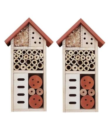 2 x Wooden Bee Hotels Insect House Natural Wood Garden Nesting Habitat Box Bug Butterfly Insects Outdoor Shelter