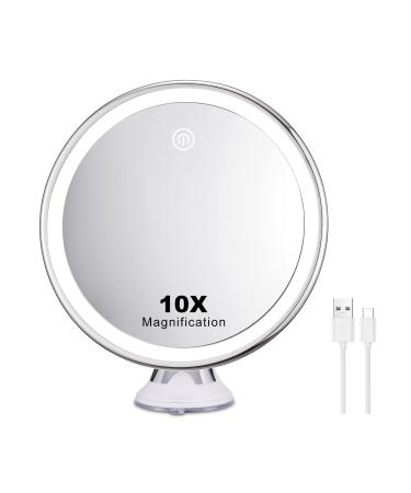 Rechargeable 10X Magnifying Lighted Makeup Mirror  Powerful Locking Suction Cup Bathroom Shower Mirror with 360 Degree Rotation  3 Color Lightening Modes Portable Cosmetic Mirror for Home  Travel