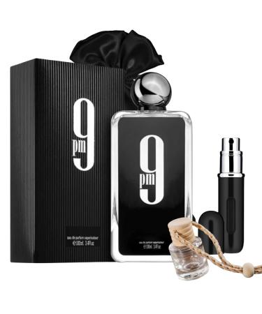 Bundle of Afnan 9 PM For Men 100ml Eau de Parfum with 5ml Portable Refillable Atomizer and Refillable Car Freshener in a Satin Gift Bag