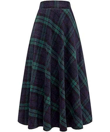 Sanahy Women's High Elastic Waist A-line Plaid Maxi Skirt | Winter Wool Midi Skirt with Pockets - XXL Blue - Buy Online on GoSupps.com
