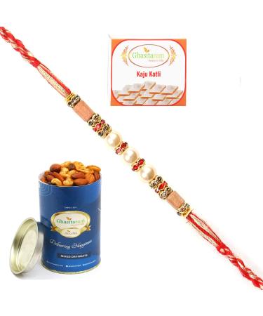 Ghasitaram Gifts Rakhi for Brother Rakhis Online -6340 Pearl Rakhi for My Brother with 100 GMS of Dryfruits Mix Can 200 GMS of Kaju katli Rakhi & 100g Dryfruits Mix Can 200g Kaju katli